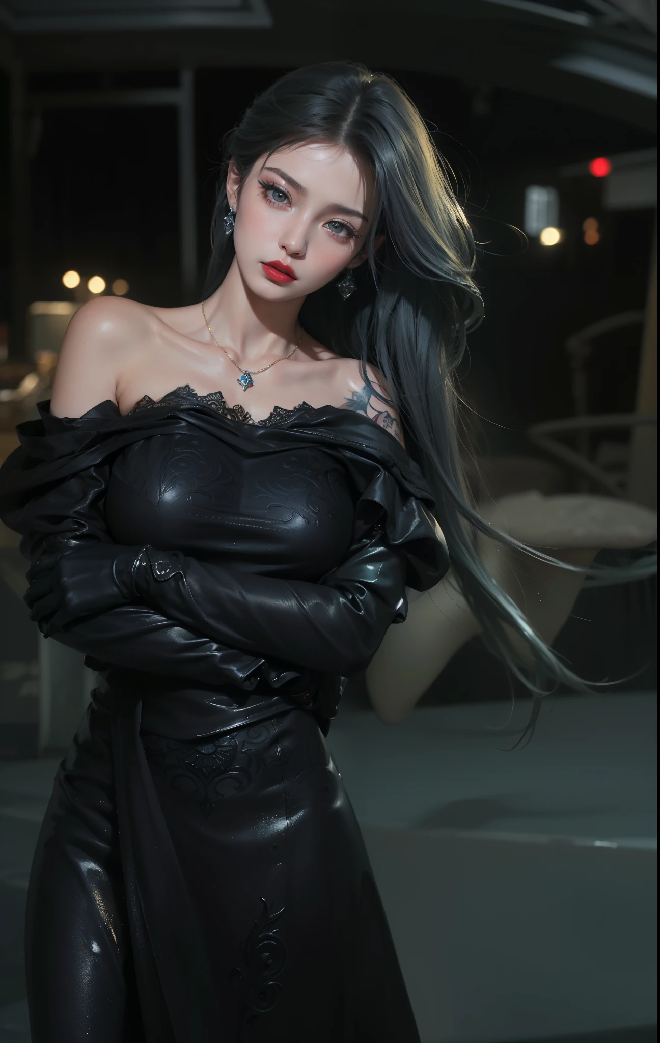 Royal princess,Super detailed, Delicate face, Stock Photography , Portrait 400, F1 Camera Lens.6, Colorful, Surrealism, Realistic textures, Dramatic Lighting, Thin Film Distiller 800 (8K, original photo, Better quality, masterpiece: 1.2), Super detailed, (Extremely delicate skin: 1.2), 8K 超高清, SLR camera, Soft Light, high quality.Fire Queen,Blue pupils,Apply red lipstick,Have a tattoo,The tattoo is very three-dimensional,Gorgeous and intricate tattoo designs,8K Mugshot,Large Breasts,Dark eyeshadow,Sexy thick lips(Red lipstick),Ice Princess,The facial features are very three-dimensional,Hold your arms