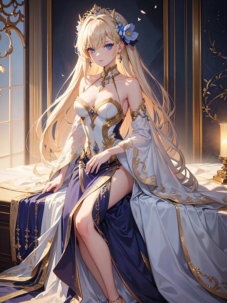  Phase One, ISO 100, lighting , sharpen , lightroom, fine art photography, highly detailed, 8 k,  sharp details on face,  photography, woman, looking at viewer, jewerly and hair on hair blonde, earrings, flowers, beauty, blue eyes. Full body. Dress. Sensual 