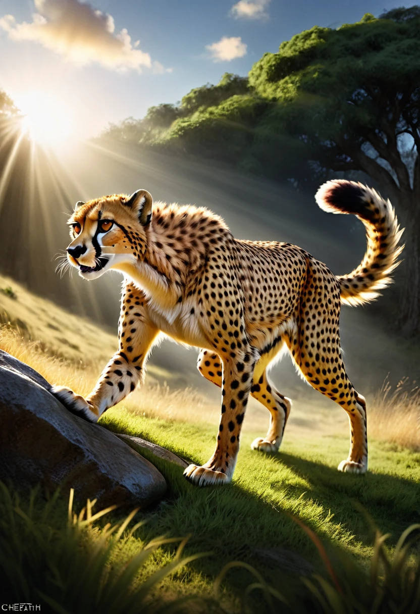 a cheetah,1 cheetah,extremely detailed,hyper realistic,highly detailed,cinematic lighting,dramatic lighting,detailed fur,detailed facial features,photorealistic,ultra detailed,cinematic composition,dramatic angle,dynamic pose,action pose,fast motion blur,outdoor landscape,lush green grass,trees,rocks,blue sky,fluffy clouds,golden hour lighting,natural environment