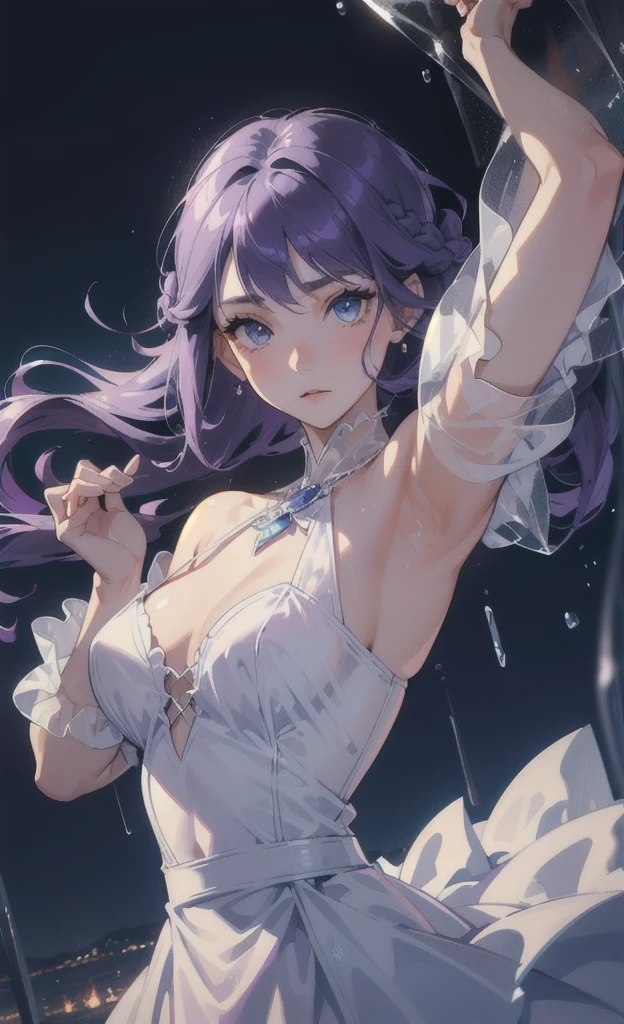 girl,fit,long hairstyle,Sharp face,Curly eyelashes,weather,blue eyes,Masterpiece,Clear picture,Clear face,purple hair,princess dress,Short airy,The chest is not large.,Rainy atmosphere,There&#39;s light.,Wind,Set blowing in the wind,There is water.