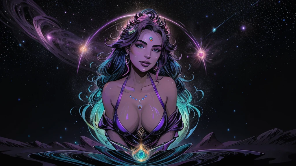 In a kaleidoscopic realm of swirling iridescent stardust and blazing neon nebulae, the celestial enchantress Grace holds rapturous dominion. Her incandescent form outshines the brilliance of quasars.
Grace's divine visage is haloed by ethereal obsidian tresses cascading down her curvaceous silhouette. Her smoldering indigo eyes penetrate any who behold their kaleidoscopic depths.
The enchantress's prismatic garments radiate the full spectrum across her sensuous curves. Diaphanous crimson, ultraviolet, and violet robes spiral in a chromatic vortex. Stardust swirls crown her as the mistress of beguiling chromatic allure.
Her chromatic domain births new realms of dazzling color - fuchsia nebulae amid emerald stellar nurseries shower azure stars. Colliding amber and turquoise galaxies birth ultraviolet and indigo splendor.
Though her chromatic temptation could overwhelm mortals, Grace's power lies in nurturing radiance. Weaving prismatic strands, she infuses newborn celestial bodies with infinite potential. Obsidian lips seem to breathe the secrets of rainbows.
In this blinding, coruscating realm, the smoldering yet fully-clothed celestial enchantress Grace reigns supreme. Her irresistible kaleidoscopic allure fuels perpetual dazzling creation and rebirth throughout the cosmos.