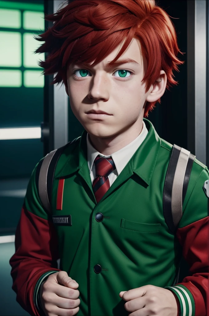 My Hero Academia Capture. Red-haired boy with black eyes and a green lock. He has the UA uniform, he has band aids on his cheek and neck