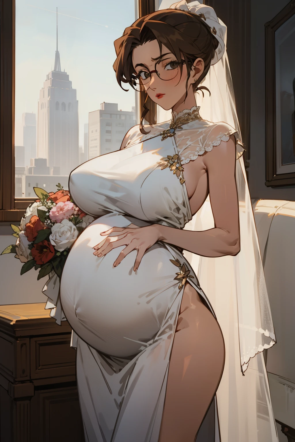 Night time,(Masterpiece), Best Quality, ultra-detailed, 1girl (eri,  Slender and sexy body, pregnant, huge and pretty breasts,  wide hips, brown hair, chignon, brown  eyes, empty eye, spectacles), blank 
face ,parted lips, mascara, full makeup, red lipstick,  facing viewer, looking at viewer, solo, white wedding dress,  see-through dress, long dress, white veil,bouquet grab  , bows, in the  livingroom, standing,  , Front view 