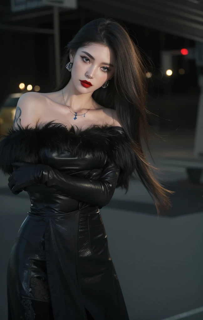Royal princess，Super detailed, Delicate face, Stock Photography , Portrait 400, F1 Camera Lens.6, Colorful, Surrealism, Realistic textures, Dramatic Lighting, Thin Film Distiller 800 (8K, original photo, Better quality, masterpiece: 1.2), Super detailed, (Extremely delicate skin: 1.2), 8K 超高清, SLR camera, Soft Light, high quality.Fire Queen，Blue pupils，Apply red lipstick，Have a tattoo，The tattoo is very three-dimensional，Gorgeous and intricate tattoo designs，8K Mugshot，Large Breasts，Dark eyeshadow，Sexy thick lips(Red lipstick)，Ice Princess，The facial features are very three-dimensional，Hold your arms