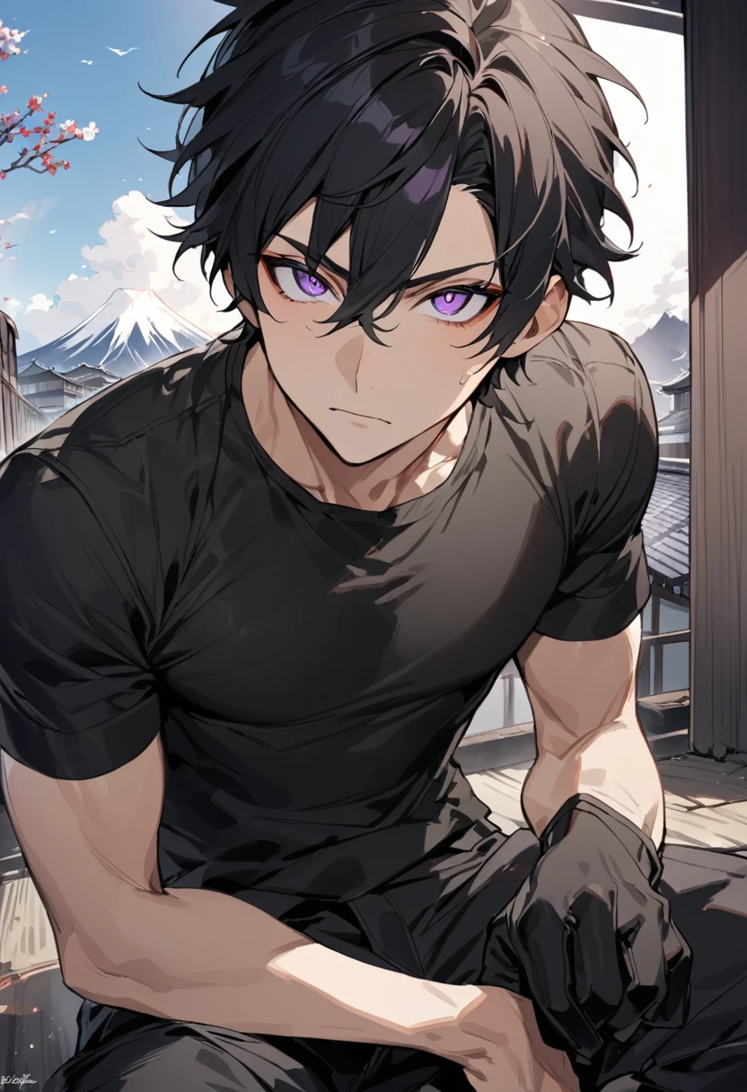 Masterpiece, Perfect face, expressive eyes, he is dressed in a black jacket and black pants, 1boy, male focus, solo, black gloves, gloves, black hair, short hair, clean hair, shirt, black combat pants, purple eyes, tight black wife beater, black pants, looking at viewer, Japan background, short sleeves, Stealth Bleach style, Bleach