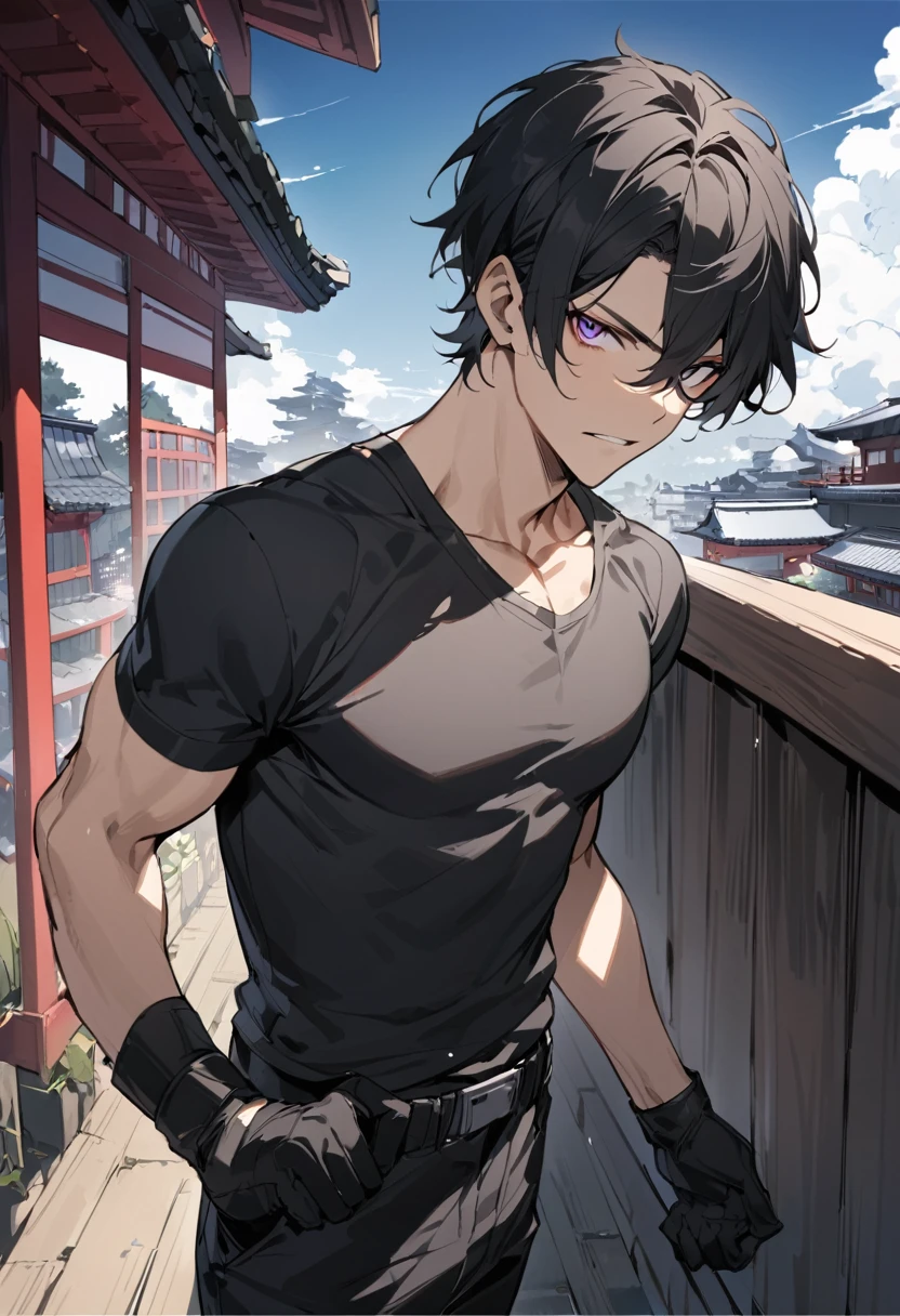 Masterpiece, Perfect face, expressive eyes, he is dressed in a black jacket and black pants, 1boy, male focus, solo, black gloves, gloves, black hair, short hair, clean hair, shirt, black combat pants, purple eyes, tight black wife beater,  black pants, looking at viewer, Japan background,  short sleeves, Stealth  Bleach style, Bleach 
