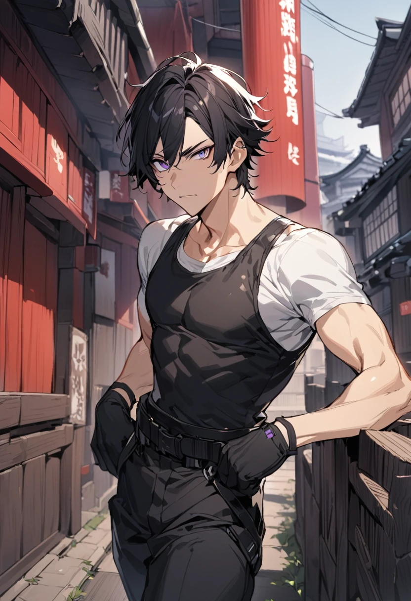 Masterpiece, Perfect face, expressive eyes, he is dressed in a black jacket and black pants, 1boy, male focus, solo, black gloves, gloves, black hair, short hair, clean hair, shirt, black combat pants, purple eyes, tight black wife beater,  black pants, looking at viewer, Japan background,  short sleeves, Stealth  Bleach style, Bleach 
