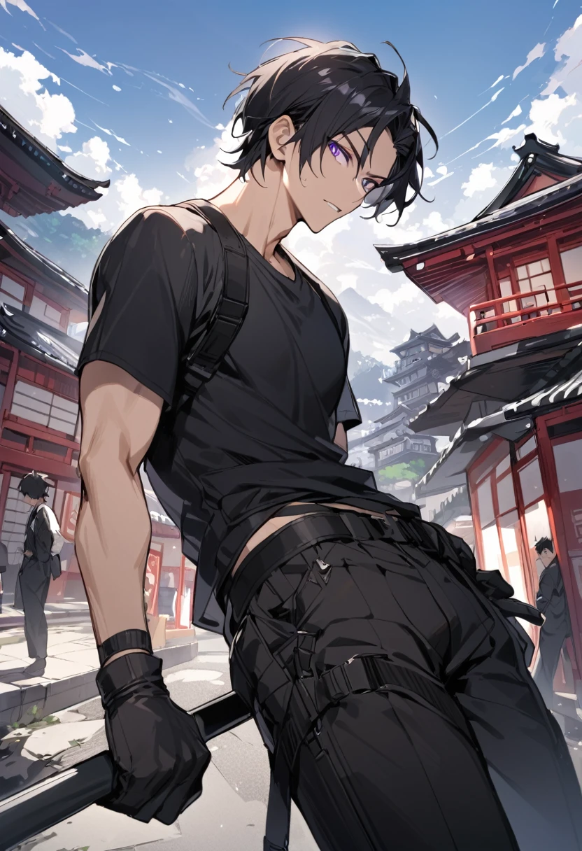 Masterpiece, Perfect face, expressive eyes, he is dressed in a black jacket and black pants, 1boy, male focus, solo, black gloves, gloves, black hair, short hair, clean hair, shirt, black combat pants, purple eyes, tight black wife beater, black pants, looking at viewer, Japan background, short sleeves, Stealth Bleach style, Bleach
