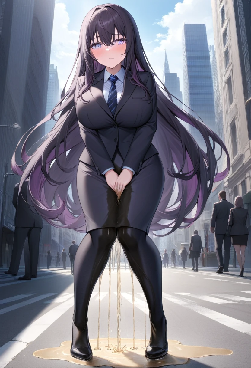 (masterpiece:1.37), best quality, (extremely detailed:1.37) woman, (adult:1.5), (very long hair:1.5), dark purple hair, purple eyes, (extremely detailed eyes:1.37), breasts, business suit, necktie, (very long pencil skirt:2.0), pantyhose, (wetting herself:2.0), standing straight, full body day, daytime, glow, facing viewer, perfect composition, full body, city, street