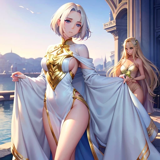 The elf is very beautiful, her body is slim and toned, His skin and hair are white with gold tones., His eyes are golden with a beautiful shine., his countenance is very attractive, her hair short but well combed, Her legs are slim and toned and her hands look very delicate both physically and mentally..