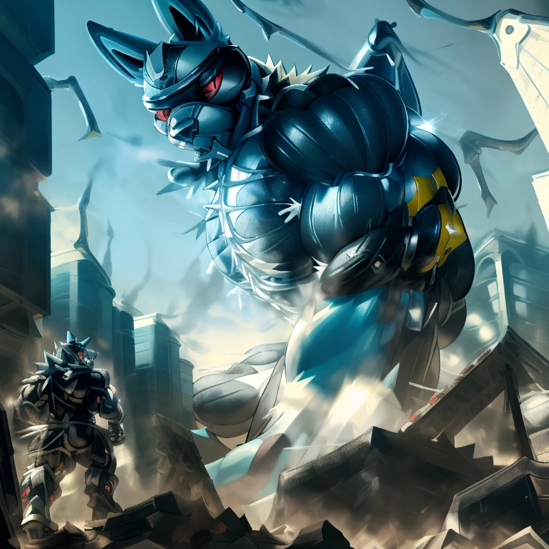 (masterpiece. official art. 8k. best quality. detailed full body. full body.)
(situation 1 : dominating LUCARIO. gigantic titan is destroying a city.)

(Additional details 1: wearing a full-face helmet. helmet is jet black. The color of NANOSUIT is jet black. high-tech bio-mecha armor. real texture material. whole body shines like metal. Wearing cyberpunk mecha. emphasizes the muscles. suit fully made of metal. intricate armor. Robotic suit. suit fully made of metal. NANOSUIT with the same design as LUCARIO.). (Lucario has 5 toes.)  (massive butt muscles:1.3) (He is depicted with massive muscles, wearing nanosuit. ) armored lucario,

(Additional details 2: (Detailed head. Detailed Body. Detailed abs. gigantic muscles. HYPER MUSCLES. Gigachad Muscular. big muscle. pecs. triceps. traps. unusually developed muscular body. body full of huge muscles. showing off muscles. pectorales enormes. Exaggeratedly huge muscles. huge muscles. long legs.).

(Additional details 3: nj5furry, Spread wings. It has wings. black have big wings. The claws are sharp. Sharp teeth.5 toes.).  (Additional details 4: black color hyper penis. hyper black penis. big penis) (Additional details 5 : Spraying hyper cum up everywhere into the sky from his erect penis. wide spray of cum, covered in cum, cum splashing in front of camera, bukkake, earth is under a thick later of cum.) He is laughing defiantly. The penis is integrated into the armor.