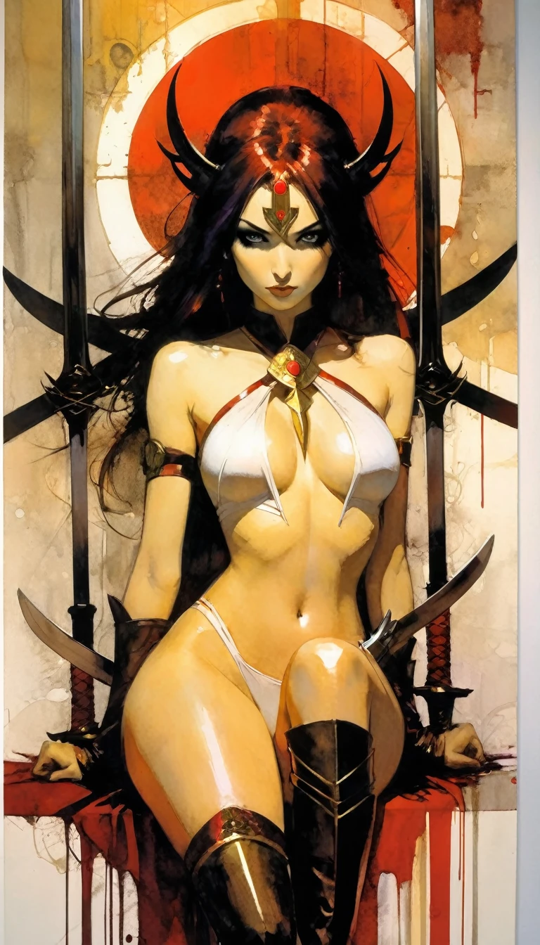 a  woman rests peacefully, four swords adorn the wall (art inspired by Bill Sienkiewicz)
