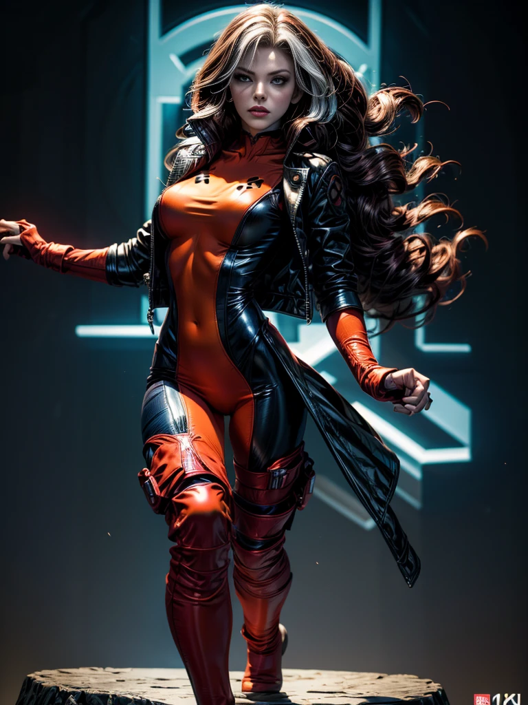 Milla Jovovich、masterpiece、High quality 4K、villain (X-Men)、Gothic Girl、Sculpted Body Gothic Makeup、Black jacket、Red and blue bodysuit、masterpiece、Highest quality、Cowboy Shots、One personの女の子、One person、Technology Military Bodysuit、fringe