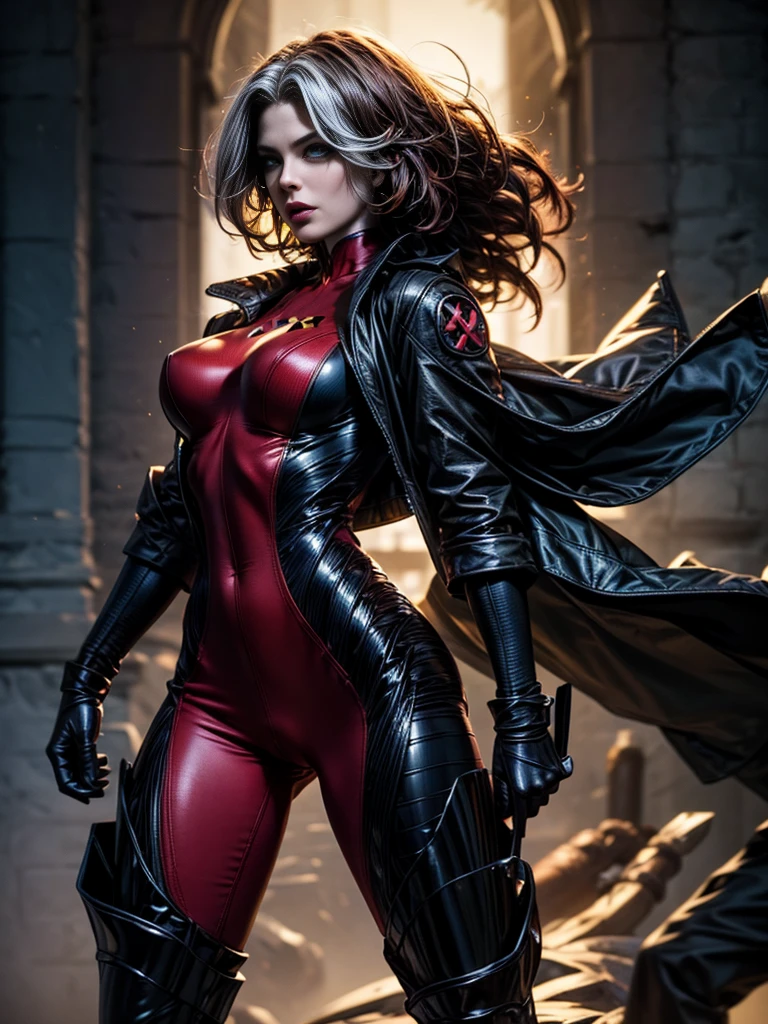 Milla Jovovich、masterpiece、High quality 4K、villain (X-Men)、Gothic Girl、Sculpted Body Gothic Makeup、Black jacket、Red and blue 、masterpiece、Highest quality、Cowboy Shots、One personの女の子、One person、Technology Military 、fringe