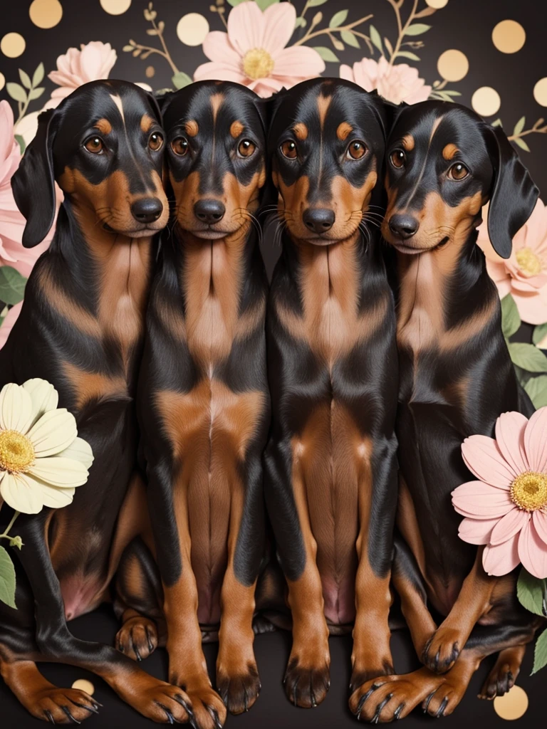 whimsical design of three stylized dachshunds cuddling together. One is light brown, dark brown and the other is black. Beautiful pastel flowers bokeh background