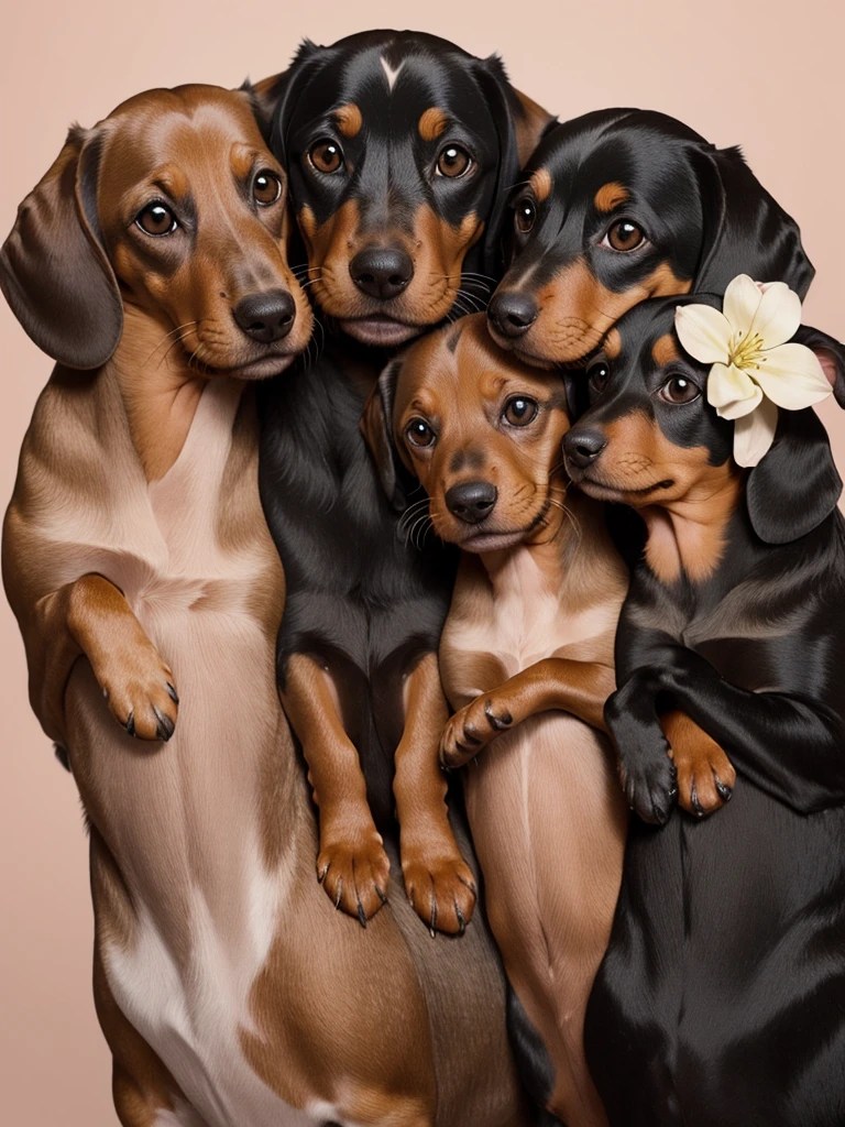 
whimsical design of three stylized dachshunds cuddling together. One is light brown, dark brown and the other is black. Beautiful pastel flowers bokeh background