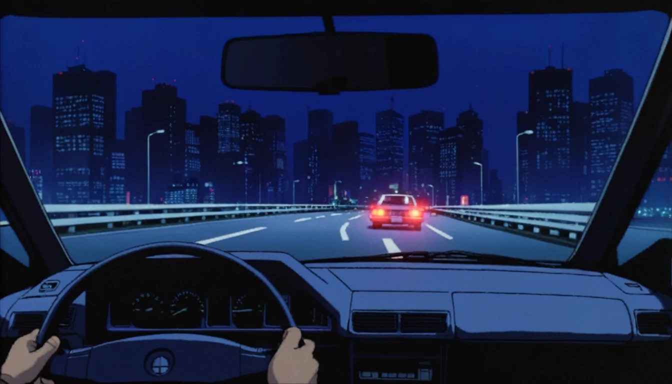 outer, sedan driving on empty road at night, shinjuku megacity background, 1980's, atmospheric chiaroscuro wcity indigo