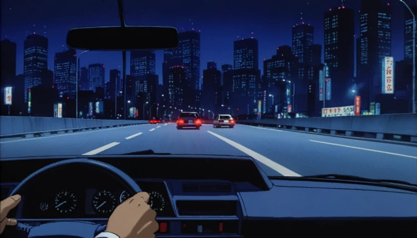 outer, sedan driving on empty road at night, shinjuku megacity background, 1980's, atmospheric chiaroscuro wcity indigo