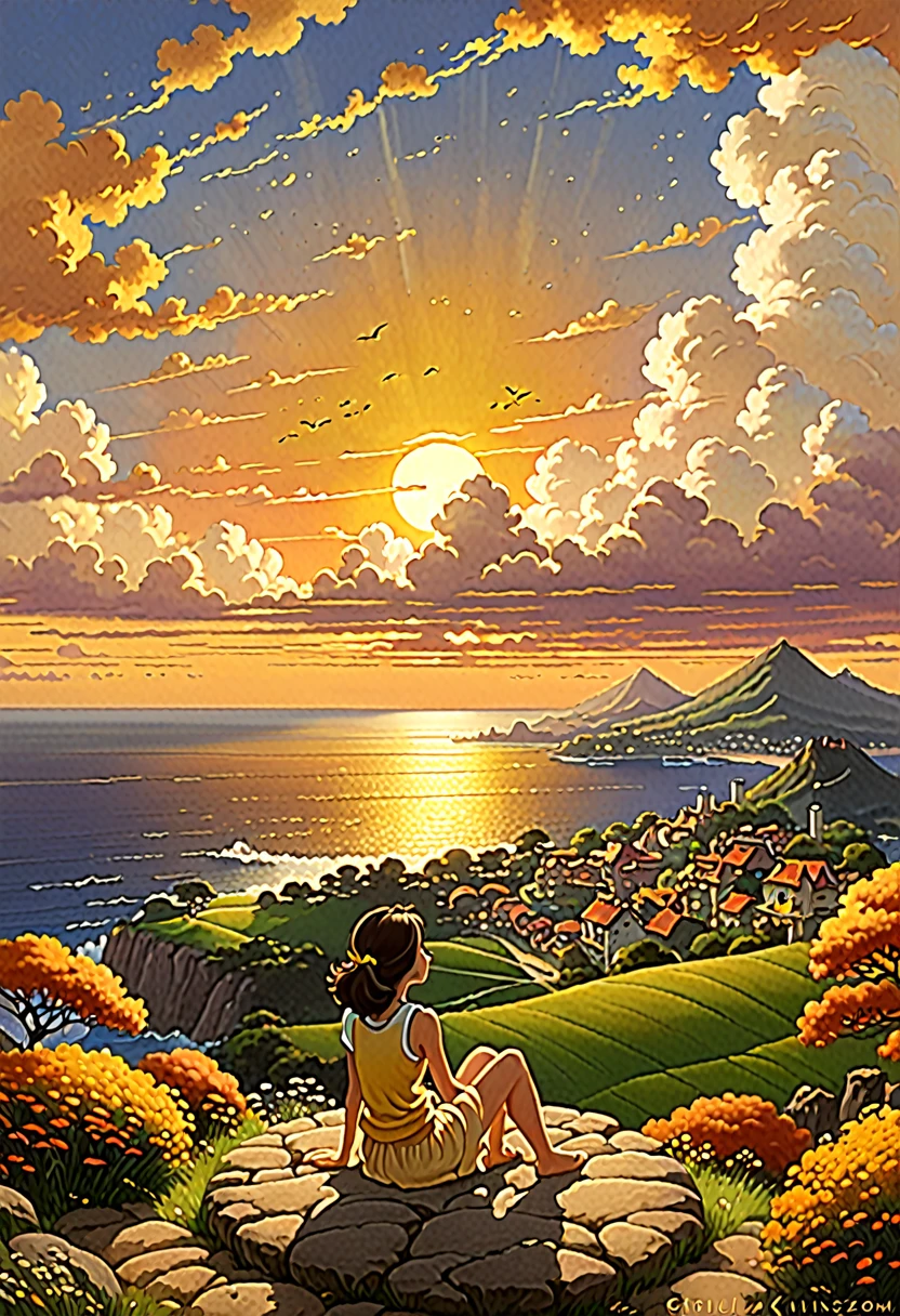 and souls、Skyscape with circular billowing clouds 、Orange-yellowish sky of the infernal sunset bright yellow clouds like shining gold、Deities々Shikai 、You can feel the touch of the brush.、girl sitting watching a sunset, Studio ghibli、ghibli、scenery、Style、The light shines、sky line , style Kilian Eng y Thomas Kinkade, Rob Gonsalves y Tim White., silvain sarriel, rads and thomas kinkade, inspired by RHADS, cyril rolando and m.I'm confused, cyril rolando and m. I'm confused, rads!!! Beautiful digital artwork, detailed painting 4k, very detailed digital painting, rich and picturesque colors, beautiful digital painting
