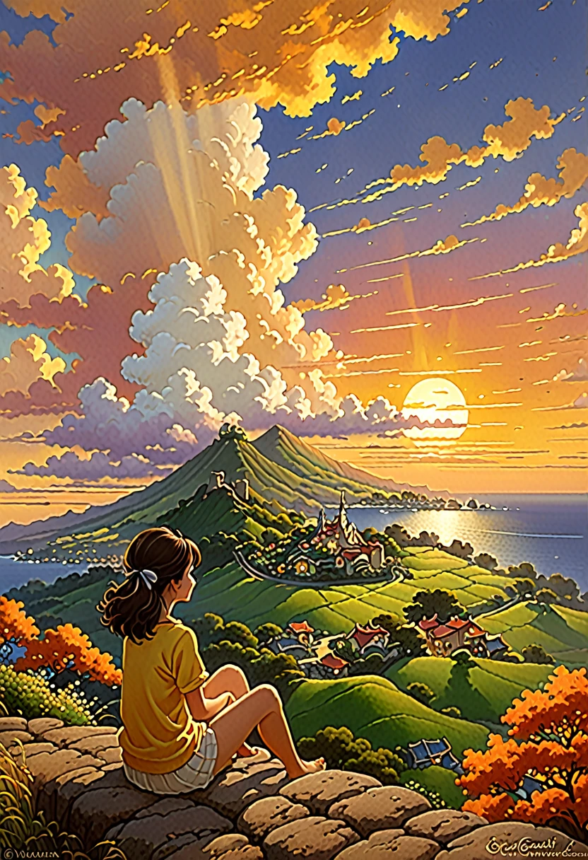 and souls、Skyscape with circular billowing clouds 、Orange-yellowish sky of the infernal sunset bright yellow clouds like shining gold、Deities々Shikai 、You can feel the touch of the brush.、girl sitting watching a sunset, Studio ghibli、ghibli、scenery、Style、The light shines、sky line , style Kilian Eng y Thomas Kinkade, Rob Gonsalves y Tim White., silvain sarriel, rads and thomas kinkade, inspired by RHADS, cyril rolando and m.I'm confused, cyril rolando and m. I'm confused, rads!!! Beautiful digital artwork, detailed painting 4k, very detailed digital painting, rich and picturesque colors, beautiful digital painting