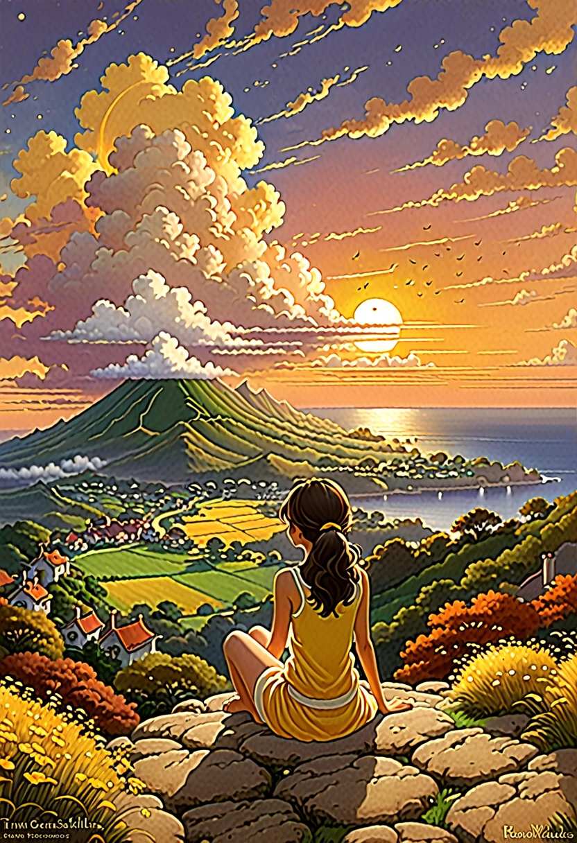 and souls、Skyscape with circular billowing clouds 、Orange-yellowish sky of the infernal sunset bright yellow clouds like shining gold、Deities々Shikai 、You can feel the touch of the brush.、girl sitting watching a sunset, Studio ghibli、ghibli、scenery、Style、The light shines、sky line , style Kilian Eng y Thomas Kinkade, Rob Gonsalves y Tim White., silvain sarriel, rads and thomas kinkade, inspired by RHADS, cyril rolando and m.I'm confused, cyril rolando and m. I'm confused, rads!!! Beautiful digital artwork, detailed painting 4k, very detailed digital painting, rich and picturesque colors, beautiful digital painting