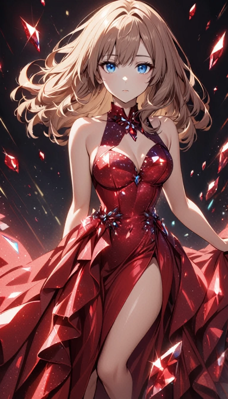 1girl,light brown color medium length hair,blue eyes,expressionless,medium breasts,rubyred crystalline dress