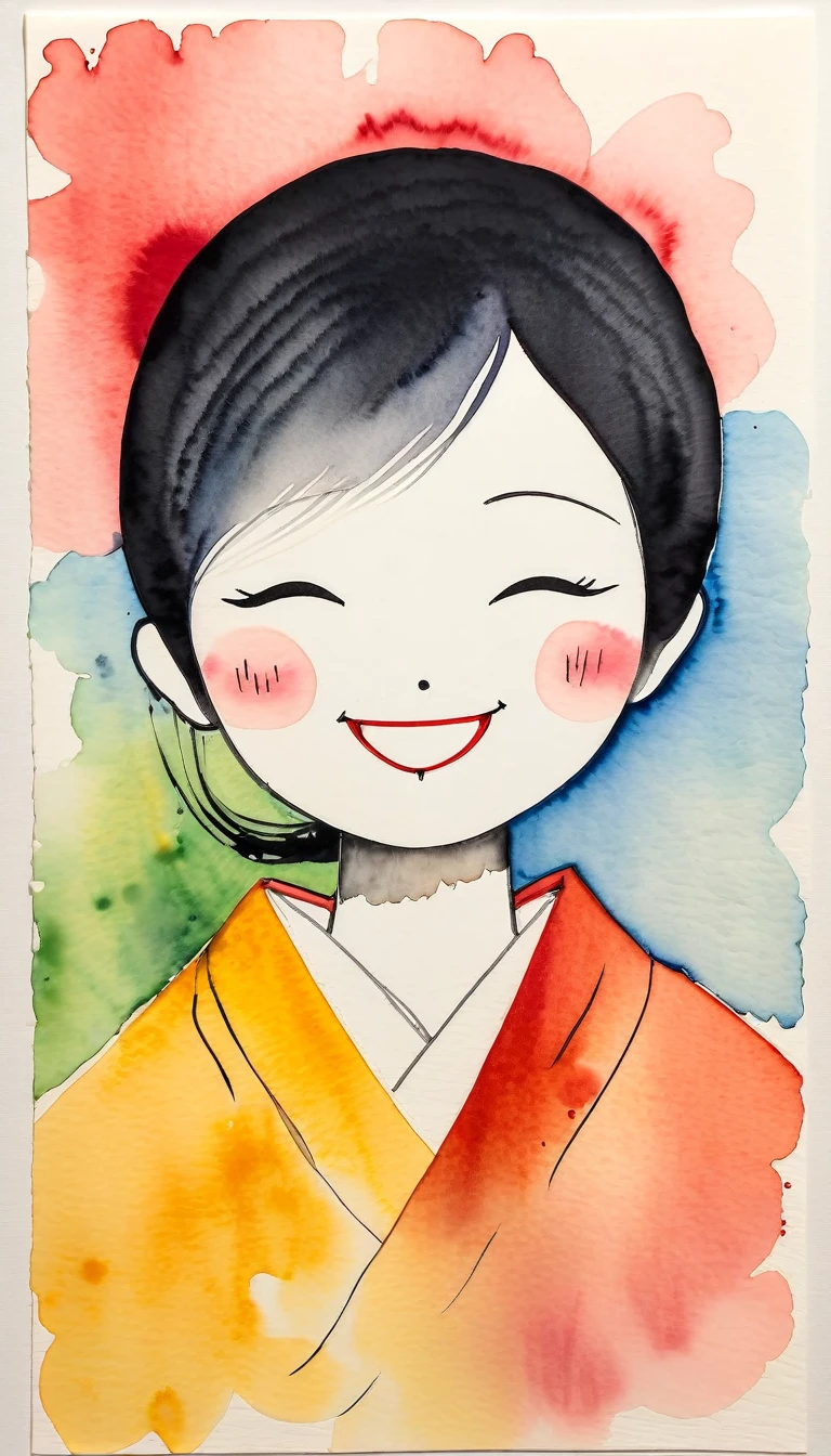 Cute Smile.(Ink drawing on Japanese paper, Bleeding easily)(Contemporary art like a picture book) (Transparent watercolor) (Light itself is expressed as reality) (Soft layer, Rich colors) (Water-diluted paint colors) (deep, Delicate colors)