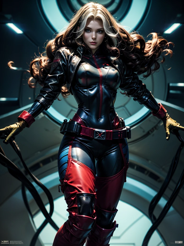 Ali Larter、masterpiece、High quality 4K、villain (X-Men)、Gothic Girl、Sculpted Body Gothic Makeup、Black jacket、Red and blue bodysuit、masterpiece、Highest quality、Cowboy Shots、One personの女の子、One person、Technology Military Bodysuit、fringe