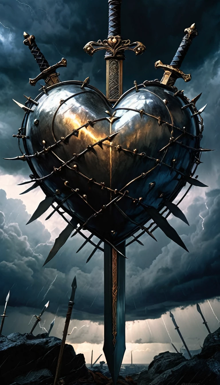 a heart pierced by three swords, dramatic lighting, storm clouds, fantasy, dark, dramatic, moody, Bill Sienkiewicz, highly detailed, 8k, photorealistic, chiaroscuro, dramatic lighting, cinematic, muted colors, dramatic atmosphere