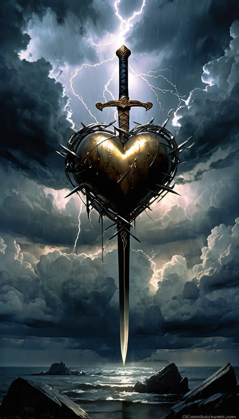 a heart pierced by three swords, dramatic lighting, storm clouds, fantasy, dark, dramatic, moody, Bill Sienkiewicz, highly detailed, 8k, photorealistic, chiaroscuro, dramatic lighting, cinematic, muted colors, dramatic atmosphere