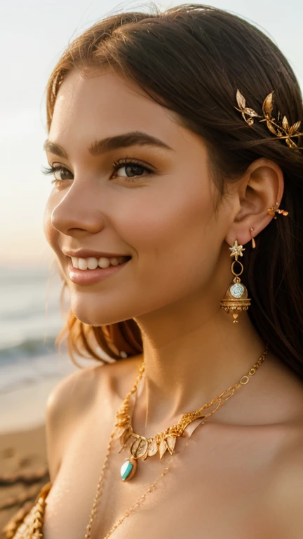 a goddess, scenary sunset beach, necklaces, earings, autumn, real skin texture, detailed detail, soft light, smile, bright, medium long photoshoot, 16K high res,