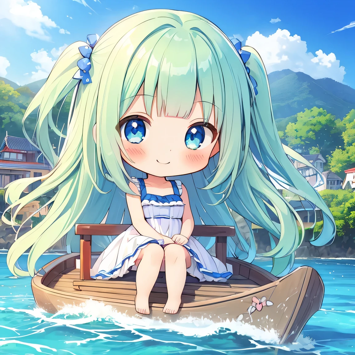 ((masterpiece)), ((best quality)), (ultra-detailed), ((kawaii)), cute, (lovely), illustration, anime style, face focus, (chibi:1.4), a cute girl, solo, 1girl, blue eyes, (smile:1.5), age15, slim, slender, medium breast, white ????????, (beautiful eyes), beautiful pale green hair, long hair, two side up, ((blunt bangs)), blue eyes, kouhai, (City of water), on a small boat.