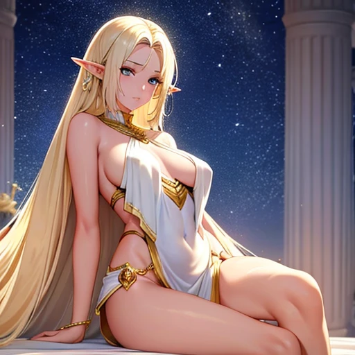 The elf is very beautiful, her body is slim and toned, His skin and hair are white with gold tones., His eyes are golden with a beautiful shine., his countenance is very attractive, her hair short but well combed, Her legs are slim and toned and her hands look very delicate both physically and mentally.. And he is tremendously happy