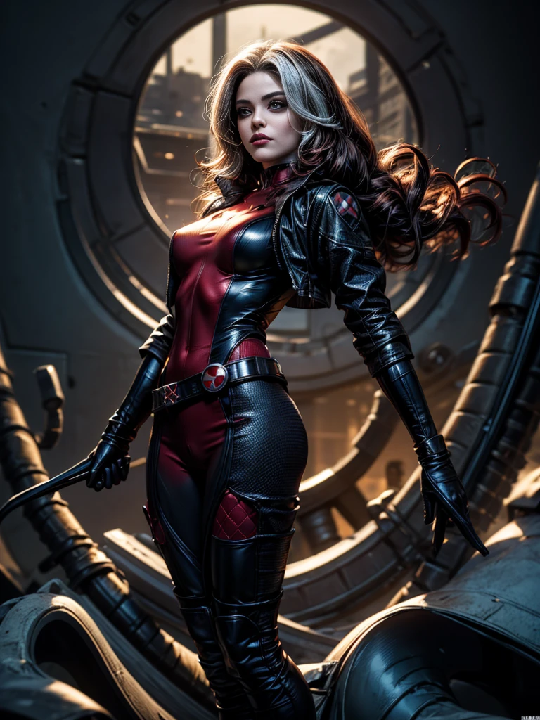 Michelle Rodriguez、masterpiece、High quality 4K、villain (X-Men)、Gothic Girl、Sculpted Body Gothic Makeup、Black jacket、Red and blue bodysuit、masterpiece、Highest quality、Cowboy Shots、One personの女の子、One person、Technology Military Bodysuit、fringe