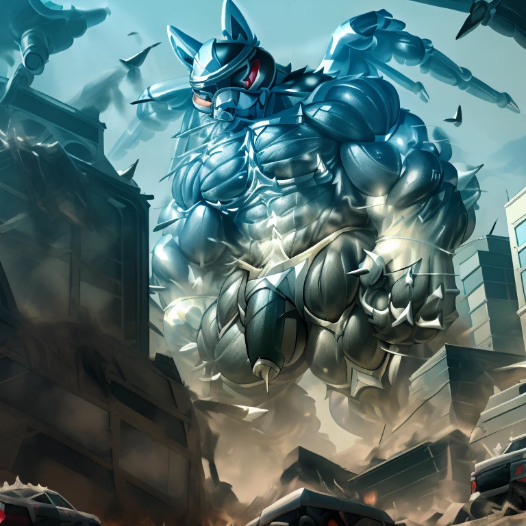 (masterpiece. official art. 8k. best quality. detailed full body. full body.)
(situation 1 : dominating LUCARIO. gigantic titan is destroying a city. terrified and scattered civilians. cinematic composition, evoking a sense of awe and fear.)

(Additional details 1: wearing a full-face helmet. helmet is jet black. The color of NANOSUIT is jet black. high-tech bio-mecha armor. real texture material. whole body shines like metal. Wearing cyberpunk mecha. emphasizes the muscles. suit fully made of metal. intricate armor. Robotic suit. suit fully made of metal. NANOSUIT with the same design as LUCARIO.). (Lucario has 5 toes.)

(Additional details 2: (Detailed head. Detailed Body. Detailed abs. gigantic muscles. HYPER MUSCLES. Gigachad Muscular. big muscle. pecs. triceps. traps. unusually developed muscular body. body full of huge muscles. showing off muscles. pectorales enormes. Exaggeratedly huge muscles. huge muscles. long legs.).

(Additional details 3: nj5furry, Spread wings. It has wings. black have big wings. The claws are sharp. Sharp teeth.5 toes.).  (Additional details 4: black color hyper penis. hyper black penis. big penis) (Additional details 5 : Spraying hyper cum up everywhere into the sky from his erect penis. wide spray of cum, covered in cum, cum splashing in front of camera, bukkake, earth is under a thick later of cum.) He is laughing defiantly. The penis is integrated into the armor.