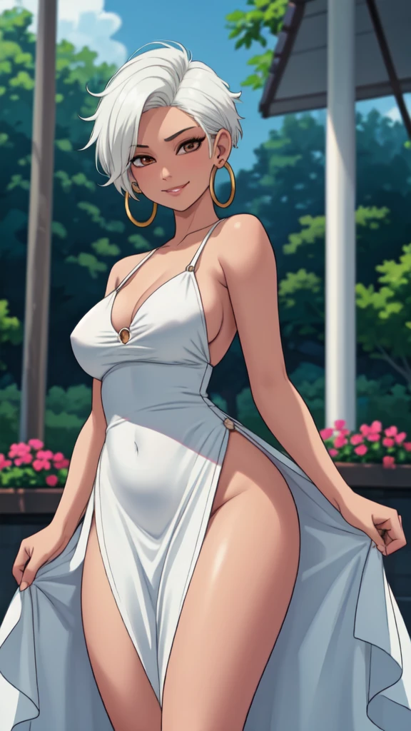 masterpiece, best quality,1girl,young girl,brown eyes, drill hair, evil smile, shiny skin, thin waist, mall, (((short white hair))), (curvy), ((wide hips)), ((hoop earrings)), small breads, sexy summer dress