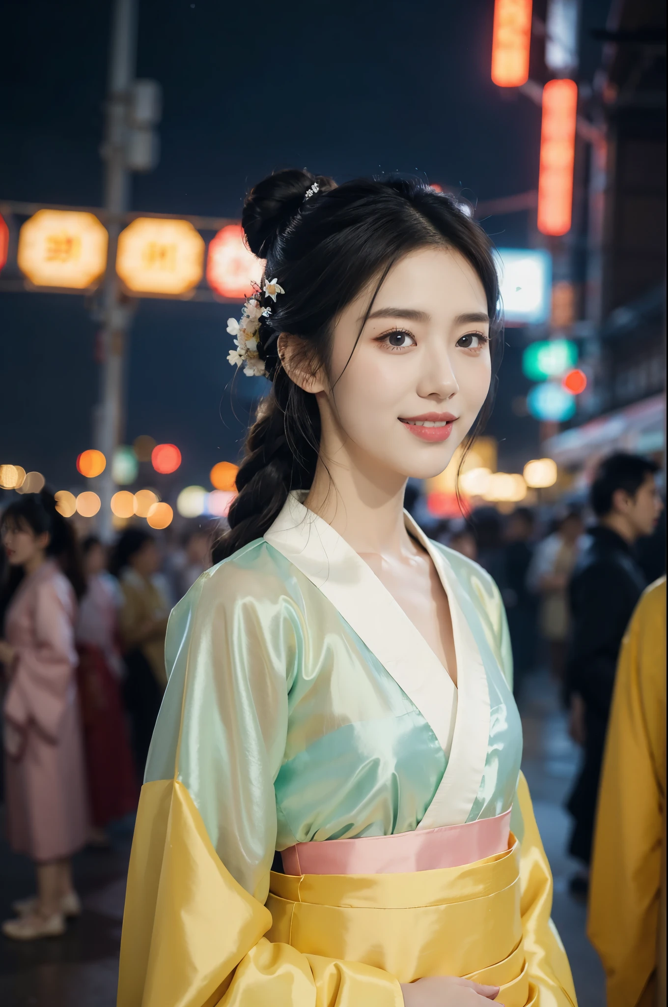 (((best quality))),(((ultra detailed))),(((masterpiece))),illustration,1girl,bun hair,see through gauze hanbok,collar,slim,flat chest,laughing, summer night,Korean city scape, street, neon signs, beautiful, vibrant, detailed facial features,medium hair, elegance, cultural atmosphere, bustling city,tall buildings full of colorful advertisements, reflections, lively atmosphere, street food aroma