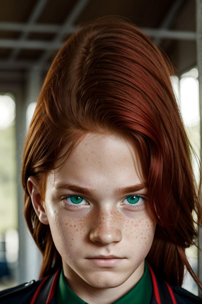 AU Capture, a boy with long red hair with tired black and bright green eyes. Few freckles and a band-aid on the cheek. UA uniform