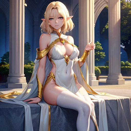 The elf is very beautiful, her body is slim and toned, His skin and hair are white with gold tones., His eyes are golden with a beautiful shine., his countenance is very attractive, her hair short but well combed, Her legs are slim and toned and her hands look very delicate both physically and mentally..