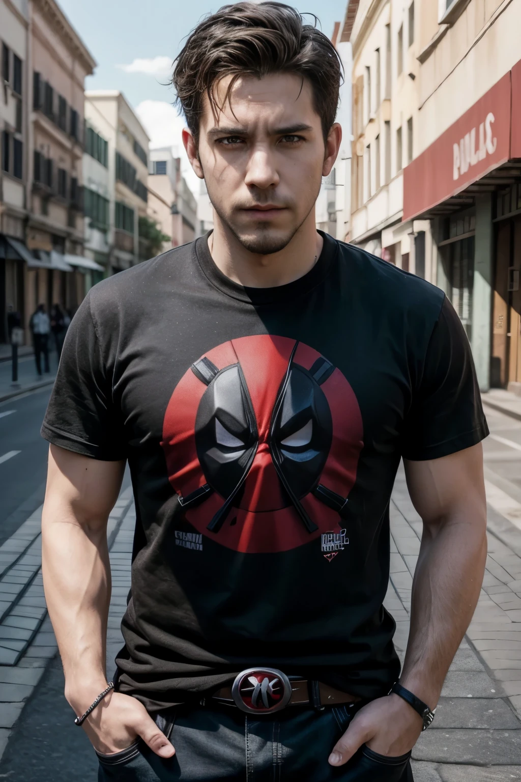 You can make a picture about deadpool using the University of Guadalajara black lions shirt