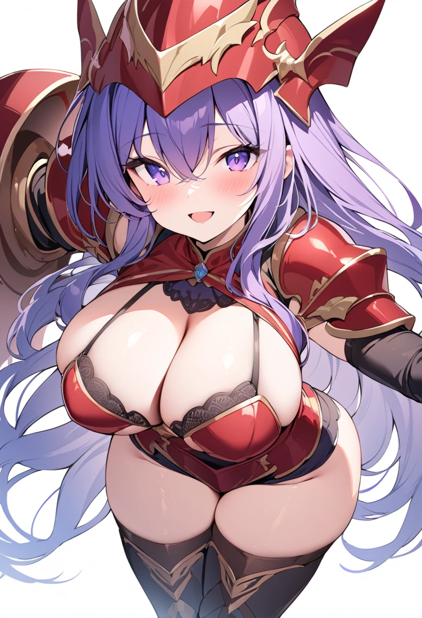 (masterpiece:1.2), (highest quality:1.2), 1girl, solo, purple-hair, long-hair, breasts, armor, cleavage, large-breasts, helmet, open-mouth, smile, boots, purple-eyes, gauntlets, very-long-hair, thighhighs, blue-eyes, full-body, red-armor, looking-at-viewer, blush, thigh-boots, simple-background, armored-boots,
