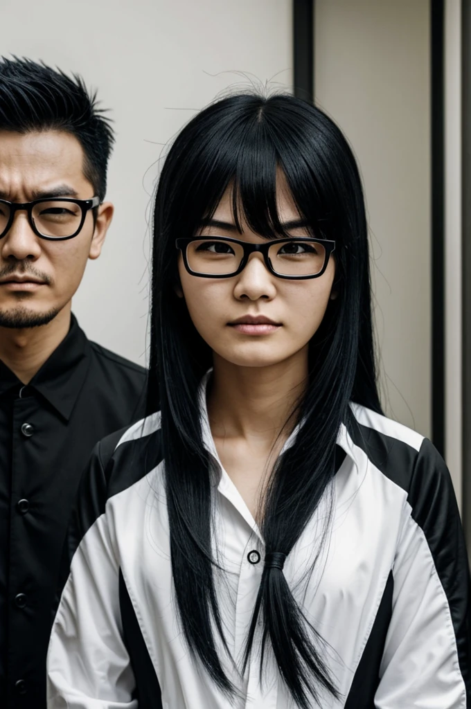 Capture the number of the Tokyo Revengers. Girl with long black and white hair, has the right eye closed and wears glasses, His expressions are very serious, he is wearing Tenjiku&#39;s uniform. 