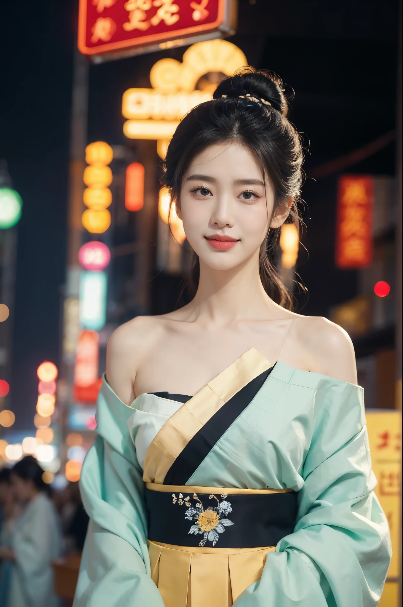 (((best quality))),(((ultra detailed))),(((masterpiece))),illustration,1girl,bun hair,see through gauze hanbok,collar,slim,flat chest,laughing, summer night,Korean city scape, street, neon signs, beautiful, vibrant, detailed facial features,medium hair, elegance, cultural atmosphere, bustling city,tall buildings full of colorful advertisements, reflections, lively atmosphere, street food aroma