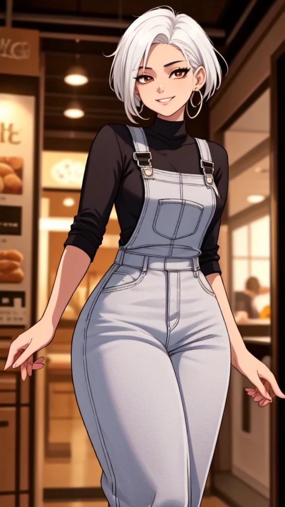 masterpiece, best quality,1girl,young girl,brown eyes, drill hair, evil smile, shiny skin, thin waist, mall, (((short white hair))), (curvy), ((wide hips)), ((hoop earrings)), small breads, sexy overalls