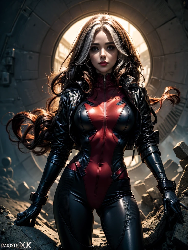 Eliza Dushku、masterpiece、High quality 4K、villain (X-Men)、Gothic Girl、Sculpted Body Gothic Makeup、Black jacket、Red and blue bodysuit、masterpiece、Highest quality、Cowboy Shots、One personの女の子、One person、Technology Military Bodysuit、fringe