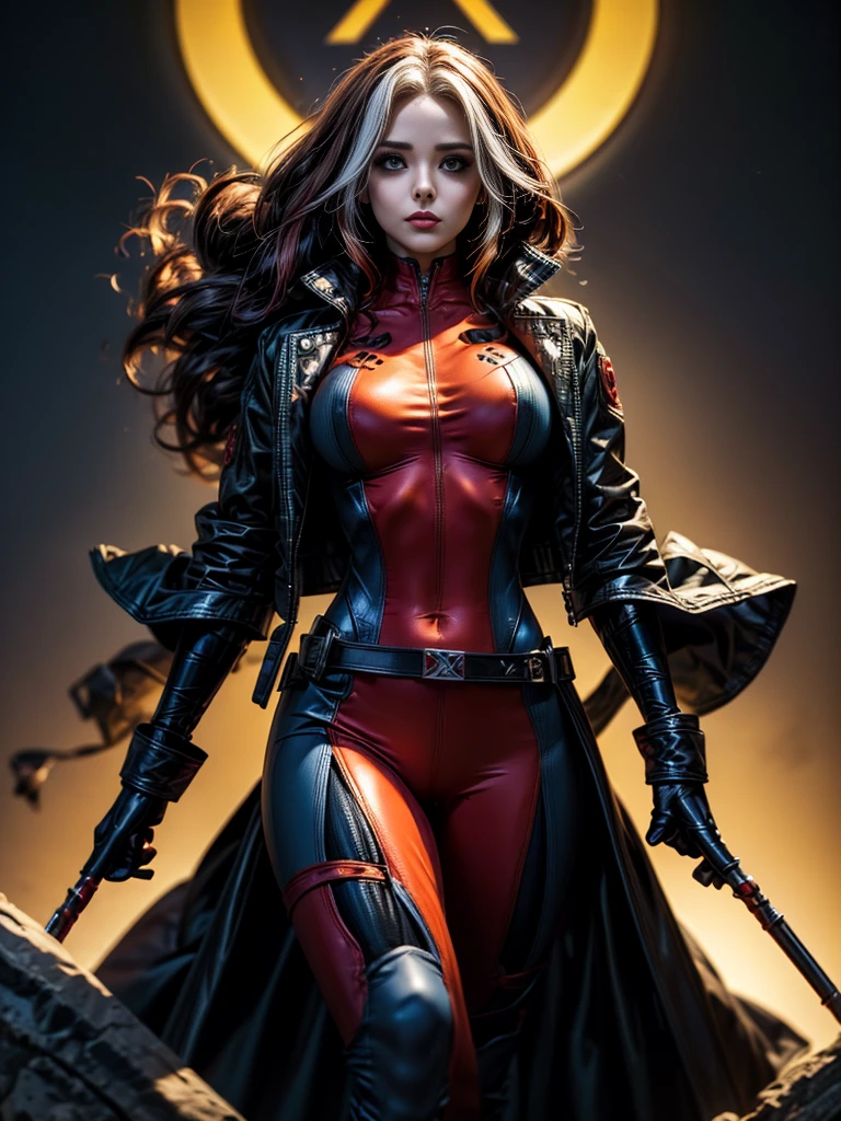 Eliza Dushku、masterpiece、High quality 4K、villain (X-Men)、Gothic Girl、Sculpted Body Gothic Makeup、Black jacket、Red and blue bodysuit、masterpiece、Highest quality、Cowboy Shots、One personの女の子、One person、Technology Military Bodysuit、fringe