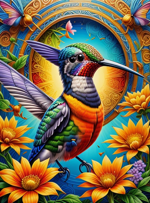 CRU photo, photorrealistic, GaelicPatternStyle a hummingbird drinking from a flower, close up, bright and vibrant, (work of art:1.3) (best qualityer:1.2) (high qualiy:1.1)