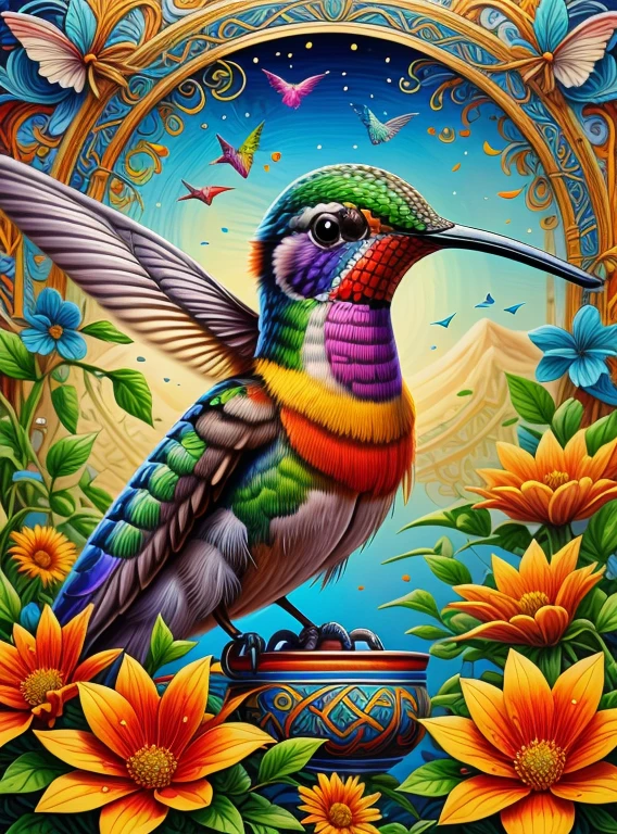 CRU photo, photorrealistic, GaelicPatternStyle a hummingbird drinking from a flower, close up, bright and vibrant, (work of art:1.3) (best qualityer:1.2) (high qualiy:1.1)