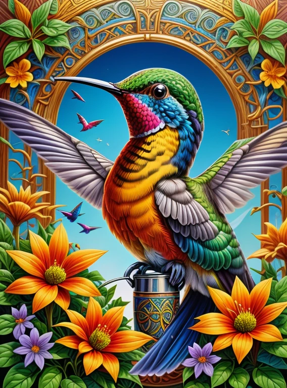 CRU photo, photorrealistic, GaelicPatternStyle a hummingbird drinking from a flower, close up, bright and vibrant, (work of art:1.3) (best qualityer:1.2) (high qualiy:1.1)