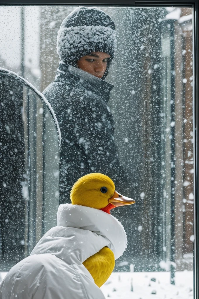 Alex Quackity looking out a modern window in the snowfall suit and a look would be
